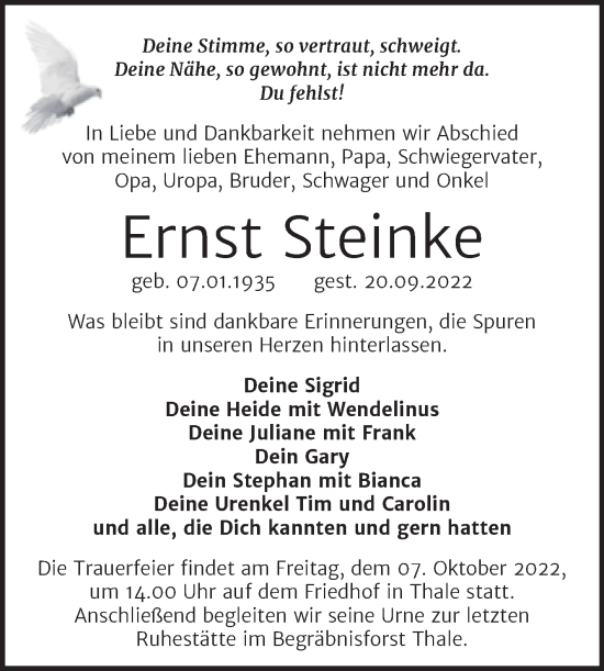 Traueranzeige von Ernst Steinke von Trauerkombi Quedlinburg