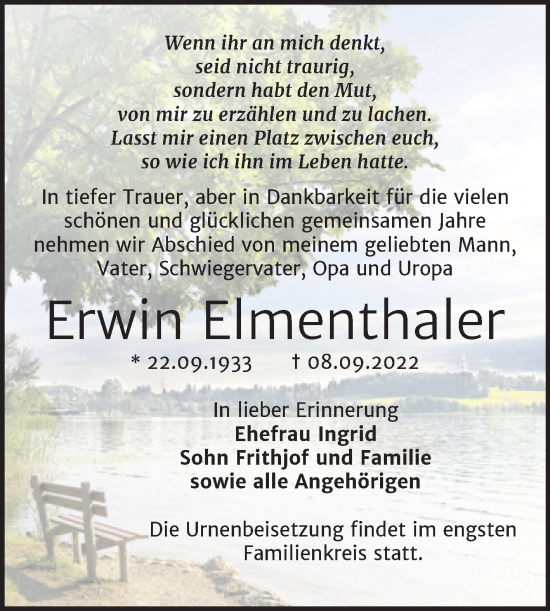 Traueranzeige von Erwin Elmenthaler von Trauerkombi Bernburg