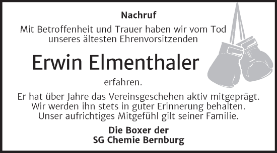 Traueranzeige von Erwin Elmenthaler von Super Sonntag Bernburg