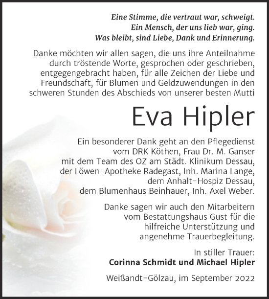 Traueranzeige von Eva Hipler von Trauerkombi Köthen