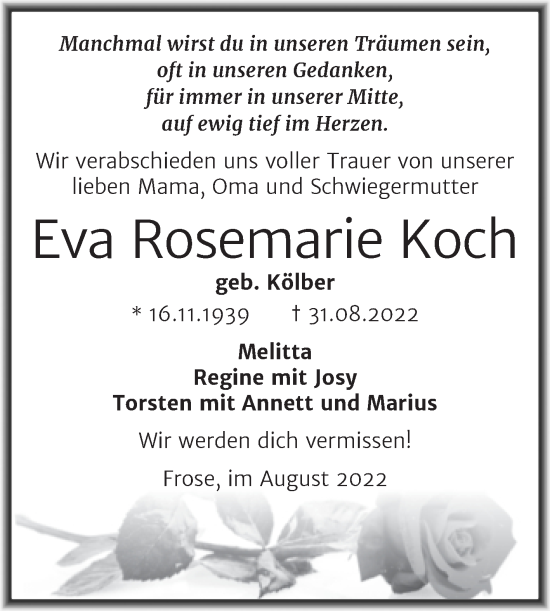 Traueranzeige von Eva Rosemarie Koch von Trauerkombi Aschersleben