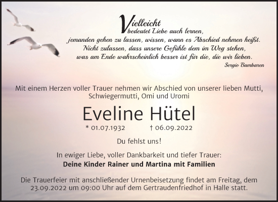 Traueranzeige von Eveline Hütel von Mitteldeutsche Zeitung Halle/Saalkreis