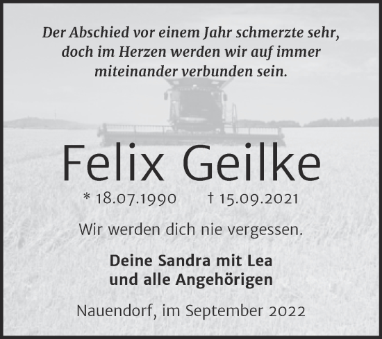 Traueranzeige von Felix Geilke von Trauerkombi Köthen