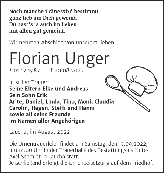 Traueranzeige von Florian Unger von Wochenspiegel Naumburg/Nebra