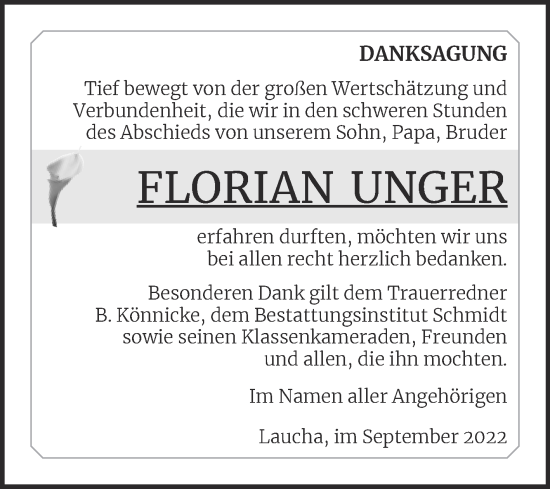 Traueranzeige von Florian Unger von Wochenspiegel Naumburg/Nebra