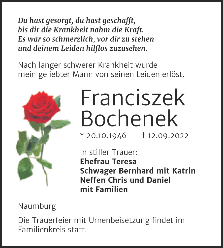  Traueranzeige für Franciszek Bochenek vom 21.09.2022 aus Wochenspiegel Naumburg/Nebra