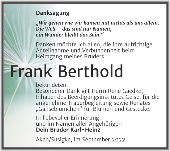 Traueranzeige von Frank Berthold von Trauerkombi Köthen
