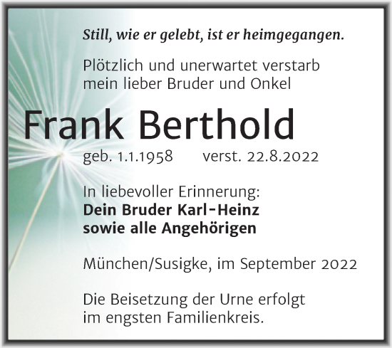 Traueranzeige von Frank Berthold von Trauerkombi Köthen