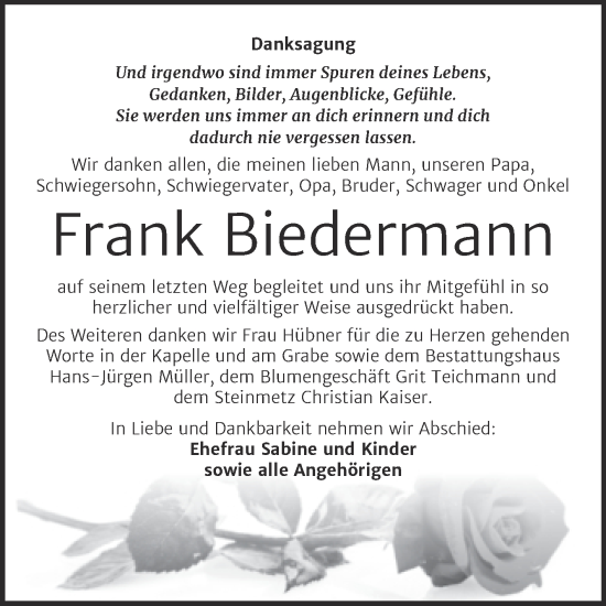 Traueranzeige von Frank Biedermann von Trauerkombi Aschersleben
