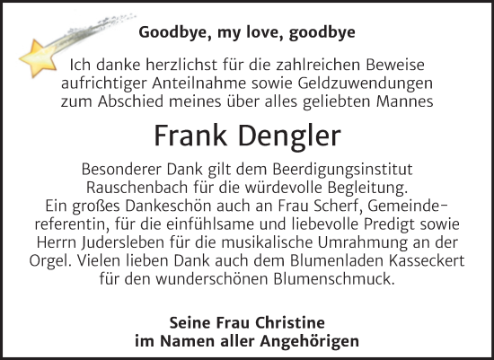 Traueranzeige von Frank Dengler von Naumburger Tageblatt