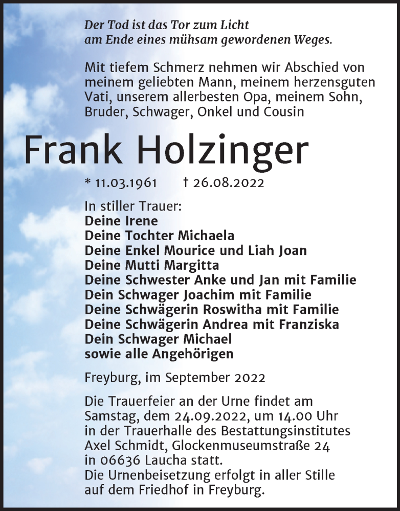  Traueranzeige für Frank Holzinger vom 07.09.2022 aus Wochenspiegel Naumburg/Nebra