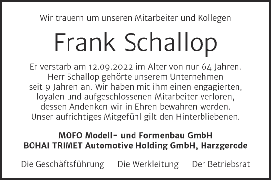 Traueranzeige von Frank Schallop von Mitteldeutsche Zeitung Quedlingburg