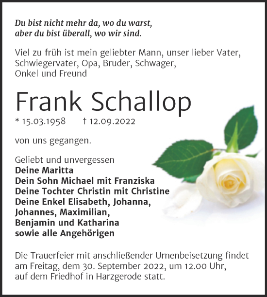 Traueranzeige von Frank Schallop von Trauerkombi Quedlinburg