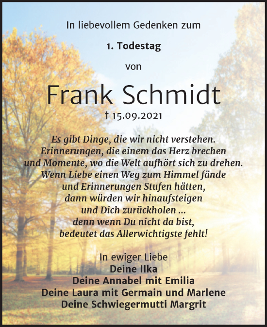 Traueranzeige von Frank Schmidt von Trauerkombi Wittenberg
