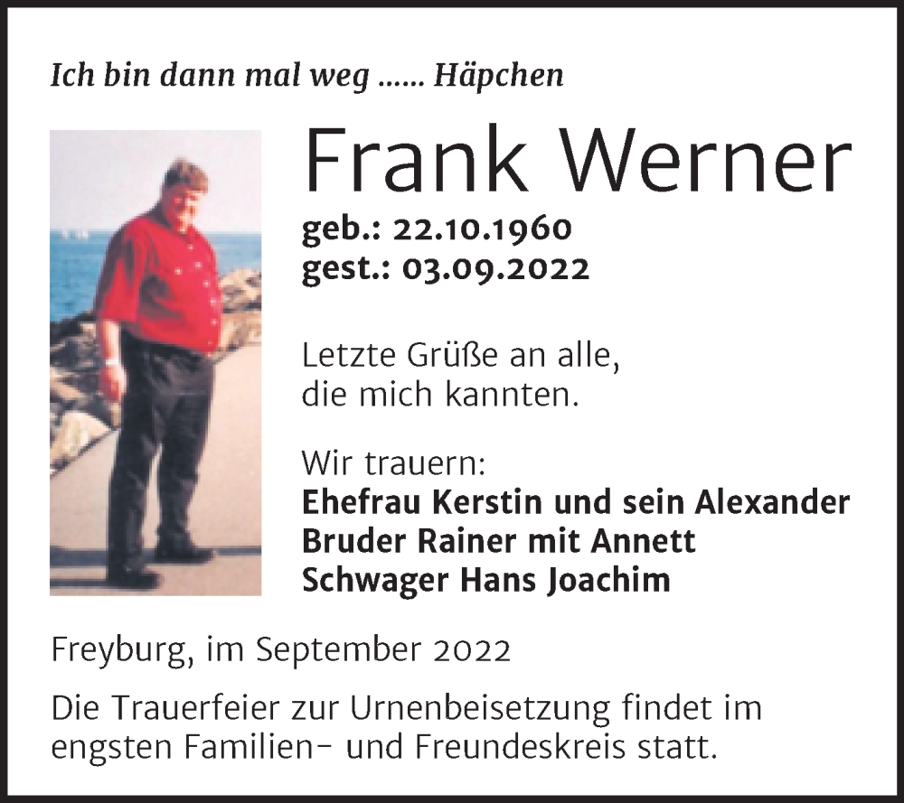  Traueranzeige für Frank Werner vom 14.09.2022 aus Wochenspiegel Naumburg/Nebra