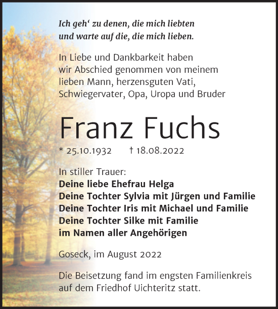 Traueranzeige von Franz Fuchs von Trauerkombi Weißenfels