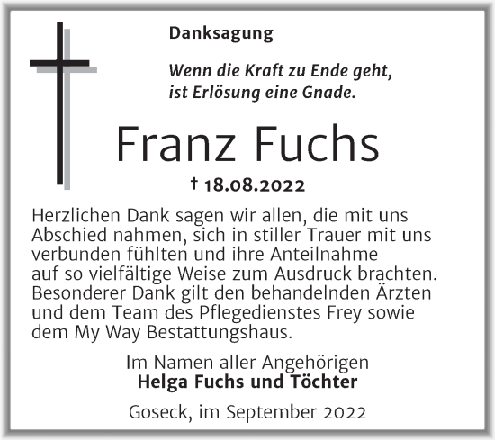 Traueranzeige von Franz Fuchs von Trauerkombi Weißenfels