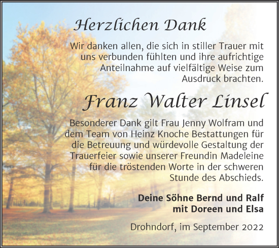 Traueranzeige von Franz Walter Linsel von Trauerkombi Aschersleben