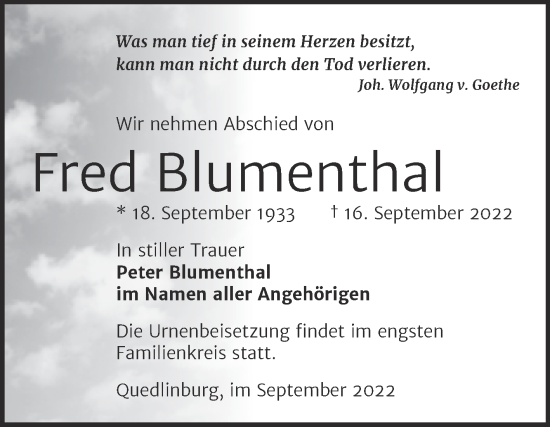 Traueranzeige von Fred Blumenthal von Trauerkombi Quedlinburg