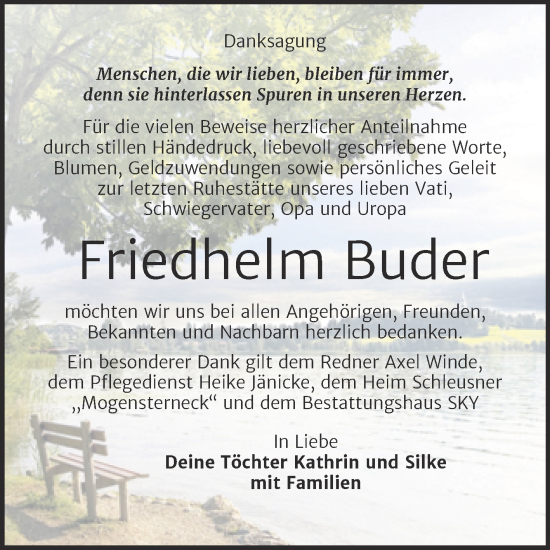 Traueranzeige von Friedhelm Buder von Trauerkombi Wittenberg