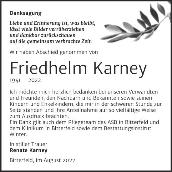 Traueranzeige von Friedhelm Karney von Trauerkombi Bitterfeld