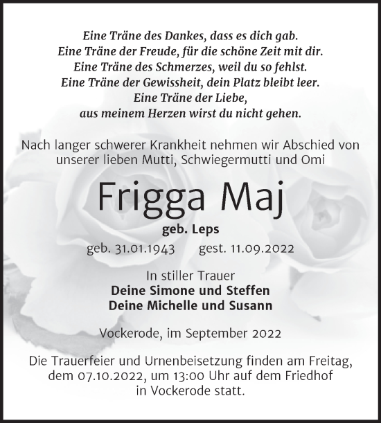 Traueranzeige von Frigga Maj von Trauerkombi Wittenberg