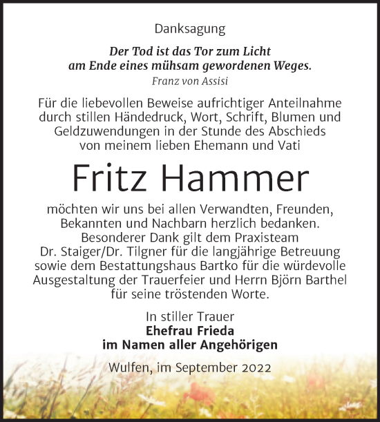 Traueranzeige von Fritz Hammer von Trauerkombi Köthen