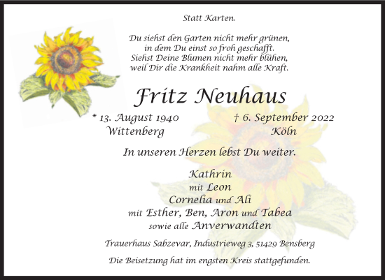 Traueranzeige von Fritz Neuhaus von Mitteldeutsche Zeitung