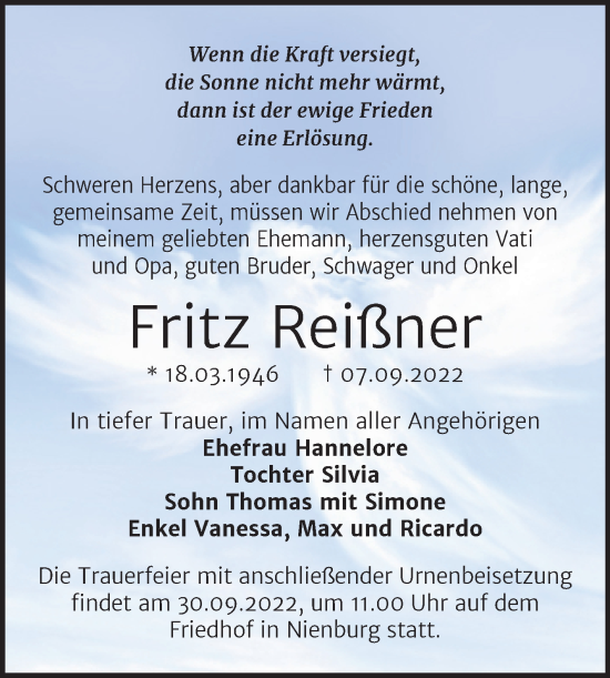 Traueranzeige von Fritz Reißner von Trauerkombi Bernburg