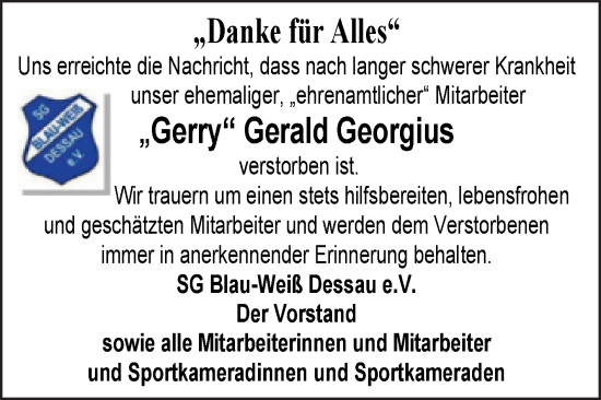 Traueranzeige von Gerald Georgius von Trauerkombi Dessau