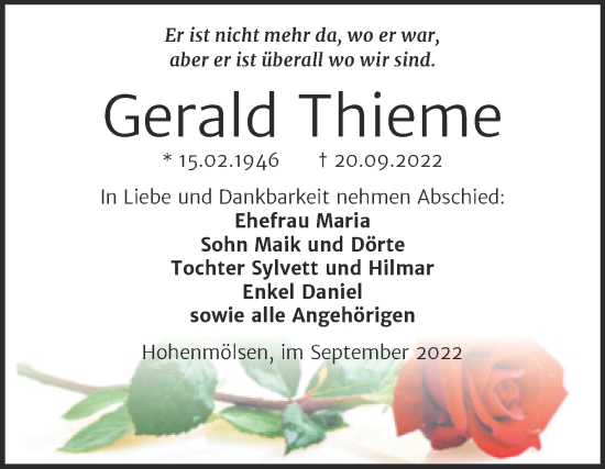 Traueranzeige von Gerald Thieme von Trauerkombi Weißenfels
