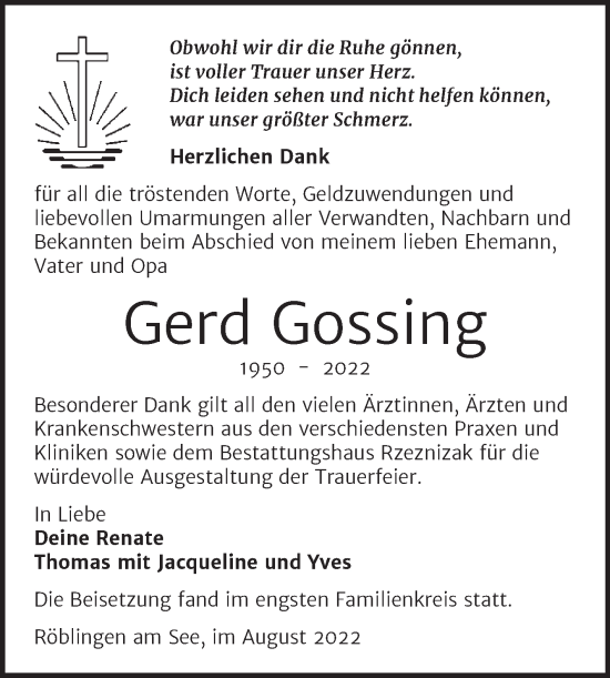 Traueranzeige von Gerd Gossing von Trauerkombi Mansfelder Land