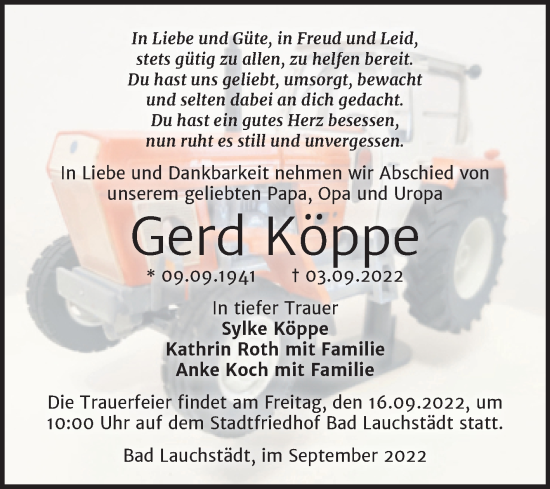 Traueranzeige von Gerd Köppe von Mitteldeutsche Zeitung Halle/Saalkreis