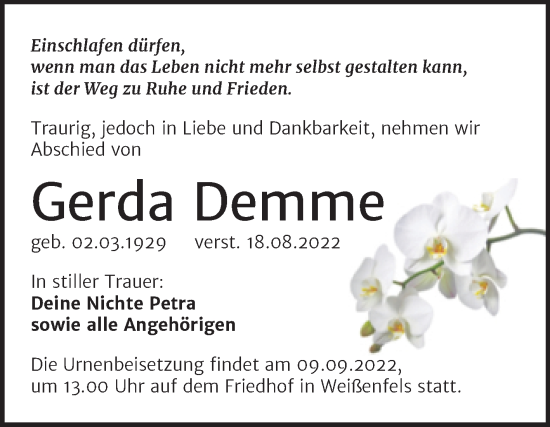 Traueranzeige von Gerda Demme von Trauerkombi Weißenfels