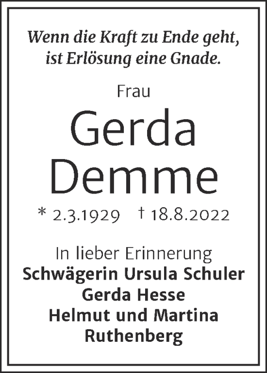 Traueranzeige von Gerda Demme von Trauerkombi Weißenfels