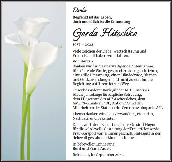 Traueranzeige von Gerda Hitschke von Trauerkombi Aschersleben