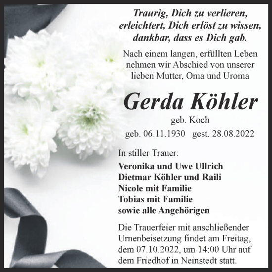 Traueranzeige von Gerda Köhler von Trauerkombi Quedlinburg