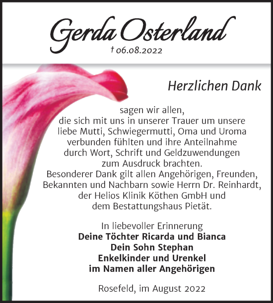 Traueranzeige von Gerda Osterland von Trauerkombi Köthen