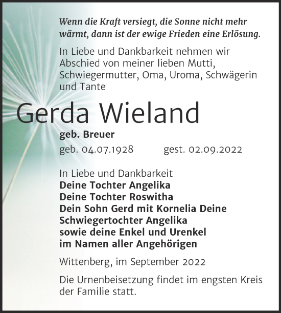 Traueranzeige von Gerda Wieland von Trauerkombi Wittenberg