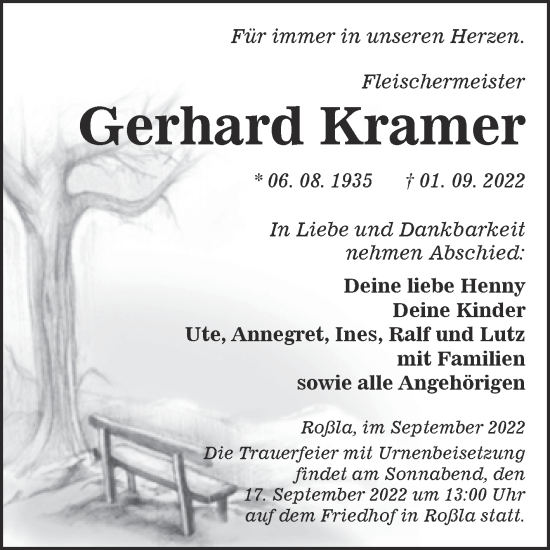Traueranzeige von Gerhard Kramer von Trauerkombi Sangerhausen