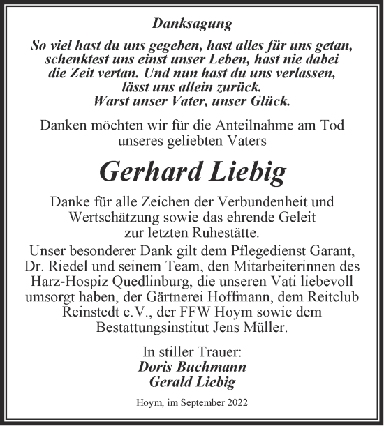 Traueranzeige von Gerhard Liebig von Trauerkombi Aschersleben