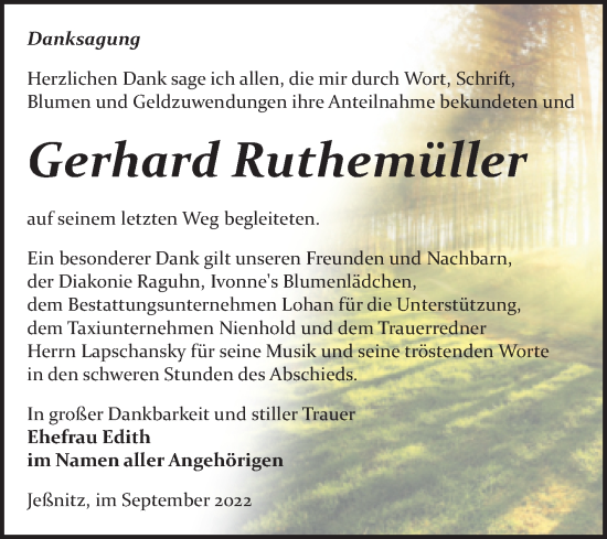 Traueranzeige von Gerhard Ruthemüller von Trauerkombi Bitterfeld