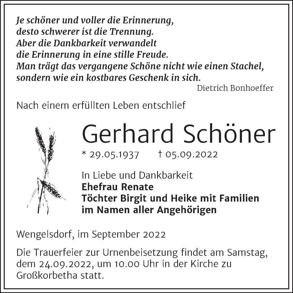  Traueranzeige für Gerhard Schöner vom 14.09.2022 aus Trauerkombi Weißenfels
