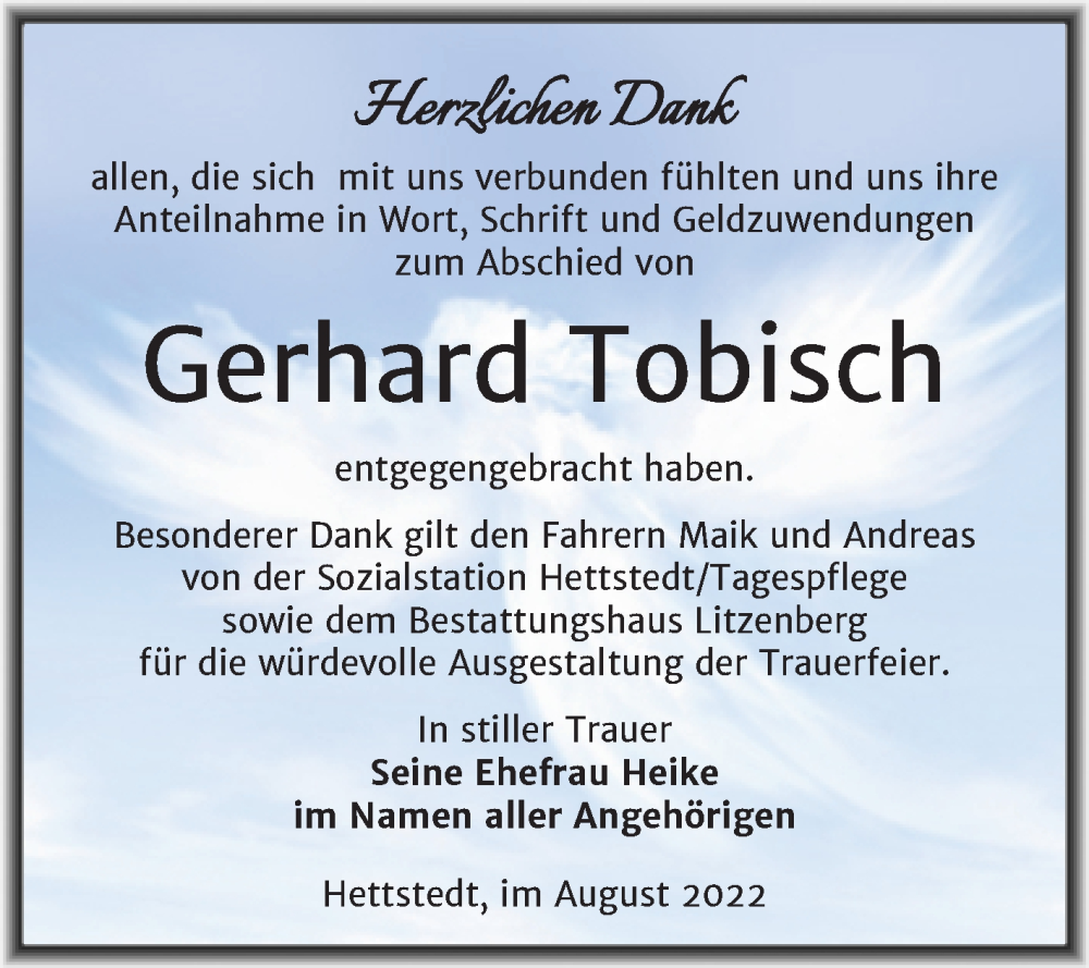  Traueranzeige für Gerhard Tobisch vom 07.09.2022 aus Trauerkombi Mansfelder Land