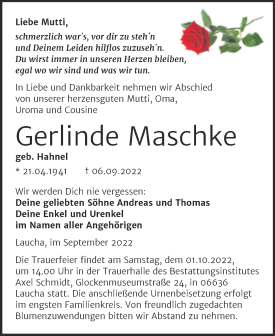 Traueranzeige von Gerlinde Maschke von Wochenspiegel Naumburg/Nebra