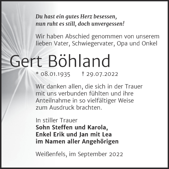Traueranzeige von Gert Böhland von Trauerkombi Weißenfels