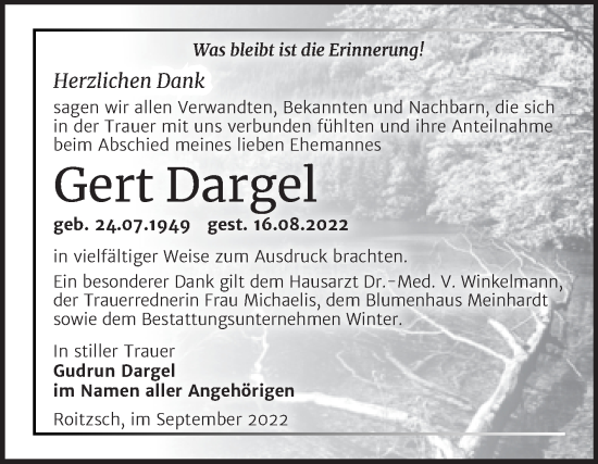 Traueranzeige von Gert Dargel von Trauerkombi Bitterfeld