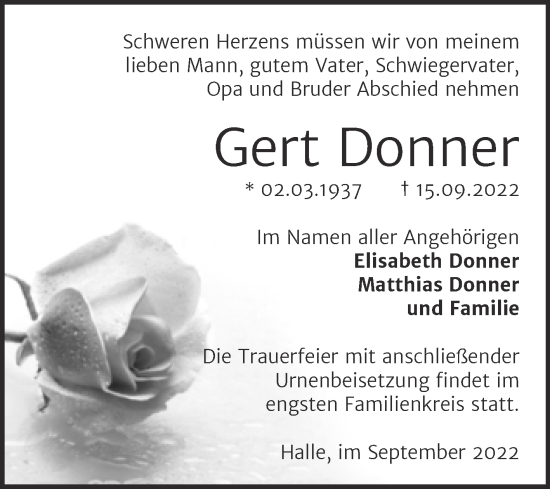 Traueranzeige von Gert Donner von Mitteldeutsche Zeitung Halle/Saalkreis