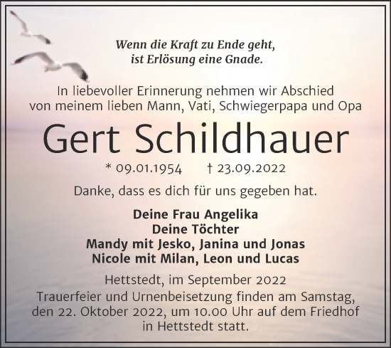 Traueranzeige von Gert Schildhauer von Trauerkombi Mansfelder Land