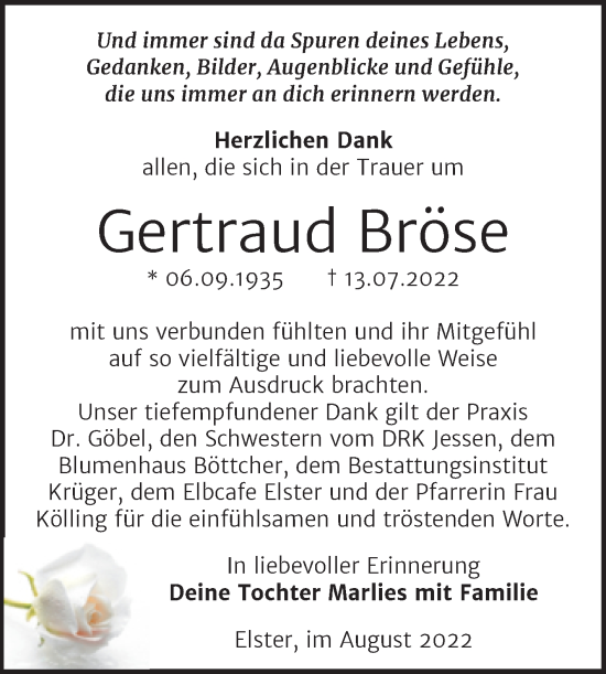 Traueranzeige von Gertraud Bröse von Trauerkombi Wittenberg